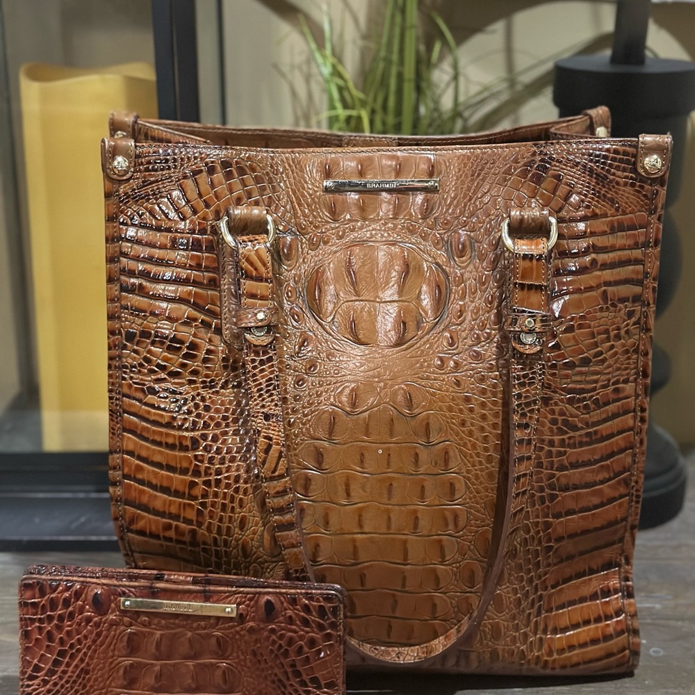Brown Crocodile-Embossed  Brahmin Bag and wallet